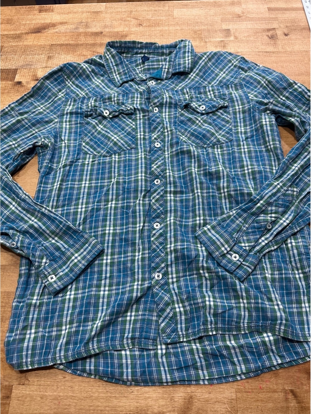 H&M Classic Blue and Green Plaid Button-Up Shirt, Size Large